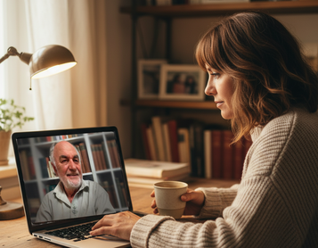 Siegfried Müller Coach Frau am Schreibtisch, vor ihr ein Laptop auf dessen Bildschirm der Coach Siegfrie Müller zu sehen ist.
